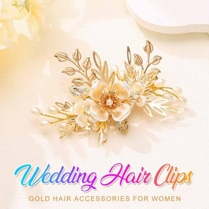 BARTOSI Gold Flower Bride Wedding Hair Clips Bridal Hair Pieces Floral Hair Accessories for Women and Girls