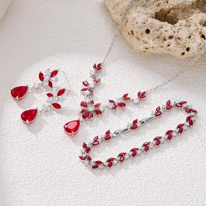EleQueen Women's Wedding Bridal Jewelry Set for Brides Bridesmaids, Silver/14K Gold/Rose Gold Plated Cubic Zirconia Teardrop Necklace Dangle Earrings Bracelet Sets for Party Prom - color: 05-Ruby Color-Necklace+Earrings+Bracelet