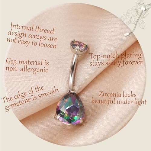 AROWRO Gold Belly Button Ring G23 Titanium Hypoallergenic 14G belly ring for Women Men Teardrop Navel Piercing Jewelry 10mm Barbell With Cubic Zircon - color: Silver+Teardrop Vitrail Medium CZ