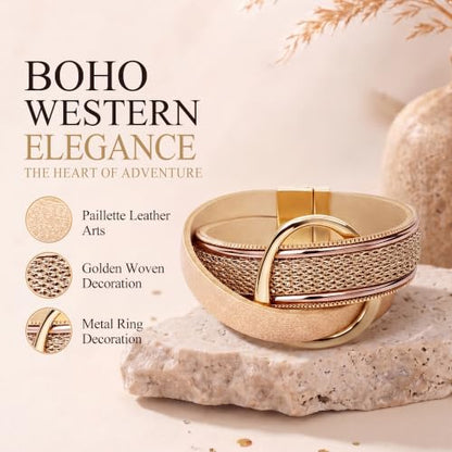 Edoneery Leather Wrap Bracelets for Women, Boho Layered Cuff Bangle | Multi-layer leather cuff, daily wear, stackable bangle, easy on-off, western jewelry gifts for women - color: Gold-2