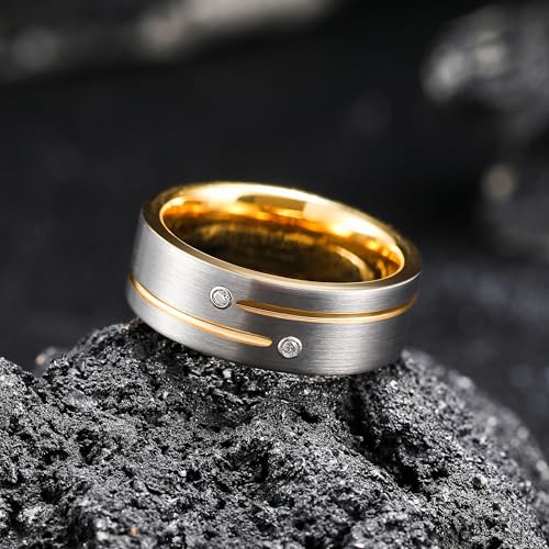 King Will Mens Tungsten Wedding Band with Cubic Zircon Inlay 7mm/8mm Flat Cut Comfort Fit Engagement Rings - color: C-Silver&Gold-8mm