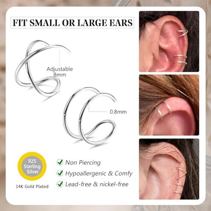 MILACOLATO 4Pcs 925 Sterling Silver Ear Cuffs for Women 14K Gold Plated Adjustable Ear Cuffs Non Piercing Minimalist Ear Cuff Earrings Fake Helix Cartilage Clip on Earrings Hypoallergenic - color: Silver