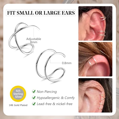 MILACOLATO 4Pcs 925 Sterling Silver Ear Cuffs for Women 14K Gold Plated Adjustable Ear Cuffs Non Piercing Minimalist Ear Cuff Earrings Fake Helix Cartilage Clip on Earrings Hypoallergenic - color: Silver+Gold