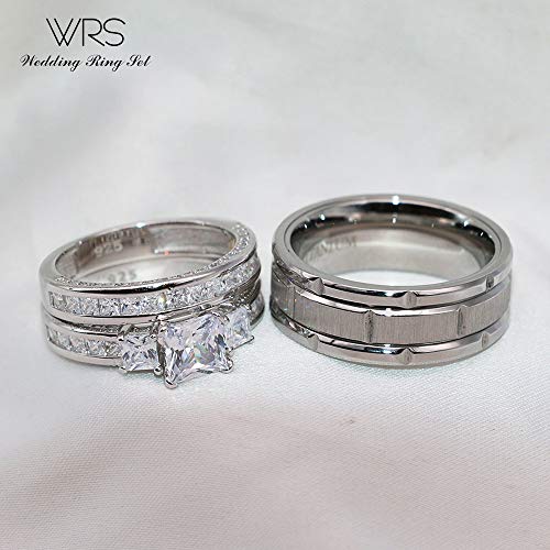 His Hers Wedding Ring Sets Couples Matching Rings Women's 10k White Gold Filled Square CZ Wedding Engagement Ring Bridal Sets & Men's Tungsten Carbide Wedding Band - style: women's size 7.5 & men's size 12