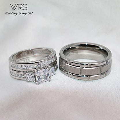 His Hers Wedding Ring Sets Couples Matching Rings Women's 10k White Gold Filled Square CZ Wedding Engagement Ring Bridal Sets & Men's Tungsten Carbide Wedding Band - style: women's size 6.5 & men's size 7