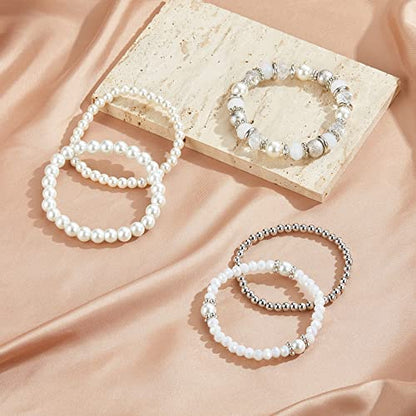 Noessla Beaded Pearl Stretch Bracelet Silver Stackable Crystal Beads Bracelets Trendy Costume Jewelry Mothers Day Gifts for Women - color: White