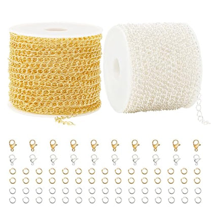 Kyutong 2 Rolls Gold and Silver Extender Chains Bulk for Jewelry Making | 3MM Wide Curb Links Stainless Steel Necklace Chains Spool with Lobster Clasps Jump Rings Jewelry Supplies for Crafts DIY - color: Curb Chain
