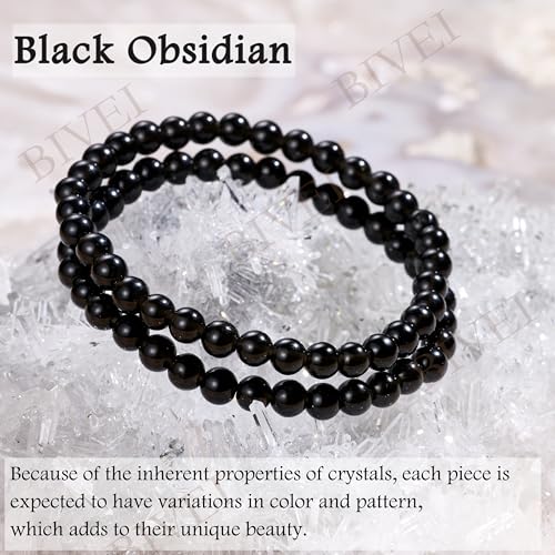 Bivei 6mm Beaded Bracelets for Women Handmade Semi Precious Natural Stone Stretch Elastic Jewelry Yoga Protection Gifts - color: Black Obsidian - Strength, size: Medium 6.8-7.3 inch