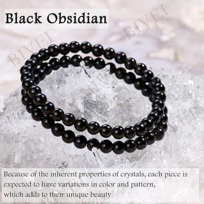 Bivei 6mm Beaded Bracelets for Women Handmade Semi Precious Natural Stone Stretch Elastic Jewelry Yoga Protection Gifts - color: Black Obsidian - Strength, size: Medium 6.8-7.3 inch
