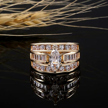 18K Yellow Gold Plated Luxury Marquise Cut Cubic Zirconia CZ Shiny Full Diamond Multi Row Eternity Engagement Wedding Band Promise Ring for Women ST.196 - size: 10
