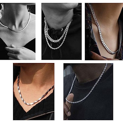 stino 7/8PCs Stainless Steel Chain Necklace Set for Men Women, Silver Tone Necklace Chains Bulk, Figaro Chain, Snake Chain, Cuban Link Chain, Rope Chain. - style: Same-Length 8Pcs
