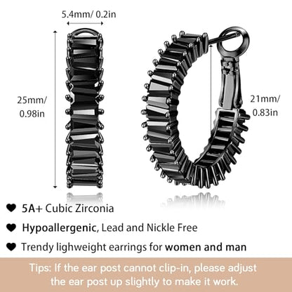 Trendy 14K Gold Plated Hoop Earrings for Women, Chunky Gold/Silver Earrings for Women Cubic Zirconia Baguette Hoop Earrings Heart Hoops Lightweight Hypoallergenic Jewelry,25mm/35mm/40mm/50mm - color: 01 Black CZ Hoops 25mm