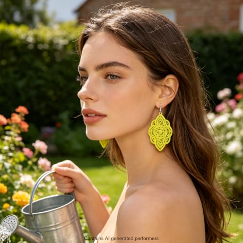 Boho Black Filigree Dangle Earrings for Women, Lightweight Hollow Lace Drop, Wood, 3.34" x 1.69", Bohemian Jewelry - color: Light Green