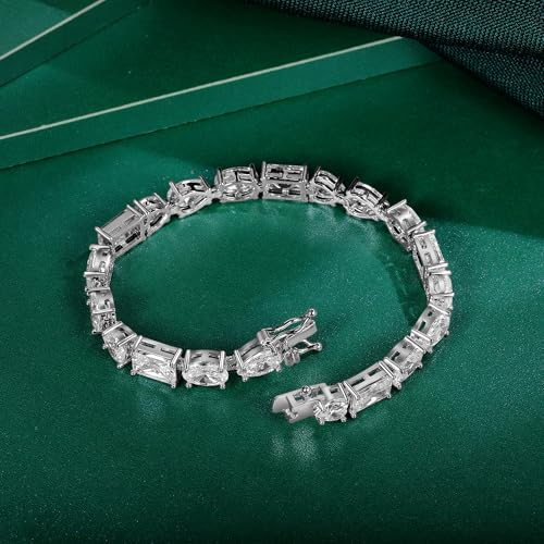 MDFUN 14K White Gold Plated Tennis Bracelet with Heart Oval Teardrop Rectangle Cut Cubic Zirconias for Women Men, 6.5-7.5 inches