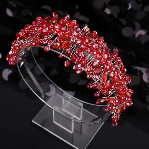 Octwine Vintage Bridal Gold Green Headpiece Handmade Wedding Headband Hair Vine Rhinestoens Headband Bridal Wedding Hair Accessories (Silver Red, Width1.9inches) - color: Silver Red