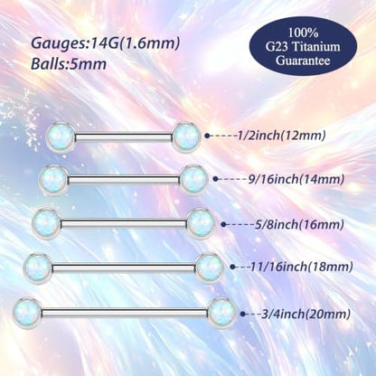 FUNLMO 2pcs Nipple Piercing Jewelry Titanium Nipple Rings Internally Threaded Tongue Rings Bridge Piercing Jewelry Nipple Barbells 14G 12-20mm - color: Silver,White Opal