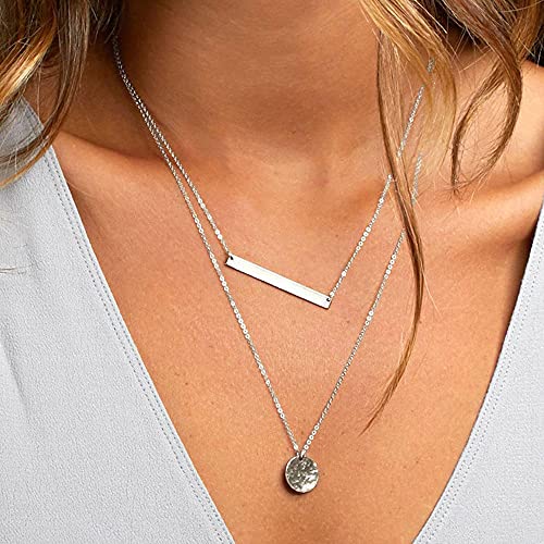 Turandoss Dainty Layered Choker Necklace, Handmade Y Pendant Necklace Multilayer Bar Disc Necklace Adjustable Layering Choker Necklaces for Women - style: 3PCS Silver - simulated Pearls&Bar&Hammered Disc