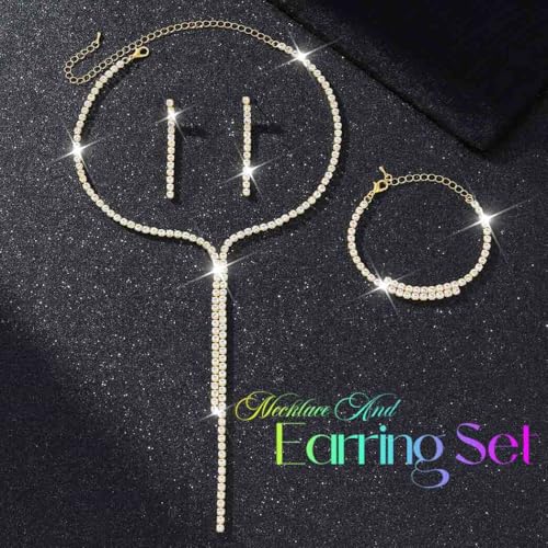 Silver Bridal Wedding Jewelry Sets Rhinestone Necklace Earrings Bracelet Set Prom Formal Costume Jewelry Sets for Women and Brides - color: Gold