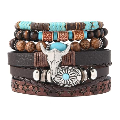 LOTSOF Western Turquoise Beaded Bracelet, Chic Stack Beaded Western Style for Country Concerts, Cowgirl Outfits & Boho Jewelry - color: Cow Head Charm Stretch Bracelet
