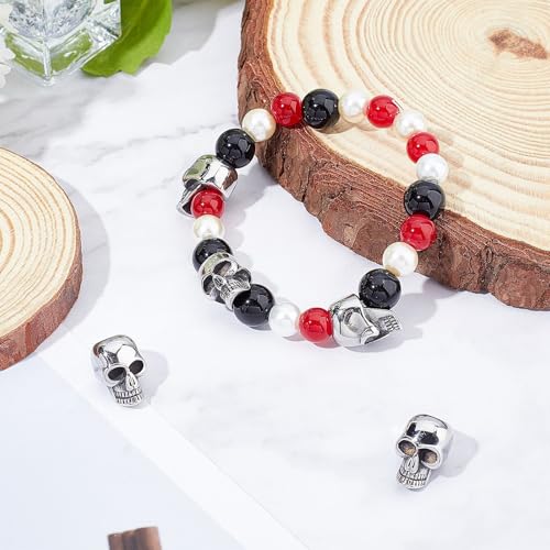 Elecrelive 10Pcs Halloween Skull Beads Skeleton Skull Head Stainless Steel Large Hole Beads for Gothic Necklace Bracelets Earrings Jewelry Making - color: Matte Silver