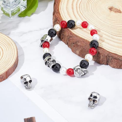 Elecrelive 10Pcs Halloween Skull Beads Skeleton Skull Head Stainless Steel Large Hole Beads for Gothic Necklace Bracelets Earrings Jewelry Making - color: Matte Silver