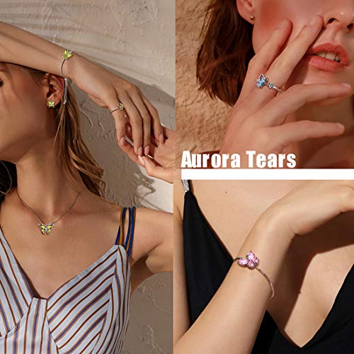 Aurora Tears Butterfly Jewelry,Women 925 Sterling Silver Butterflies Birthstone Pendant Necklace/Earrings/Rings Wedding Gift - color: D.April-set 3