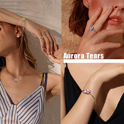 Aurora Tears Butterfly Jewelry,Women 925 Sterling Silver Butterflies Birthstone Pendant Necklace/Earrings/Rings Wedding Gift - color: D.April-set 3