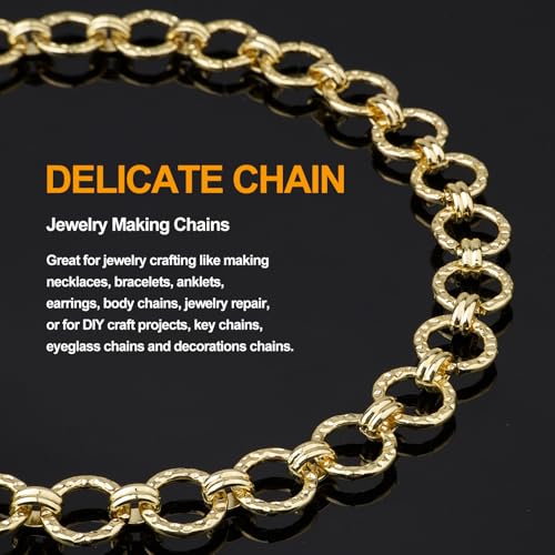 KYUNHOO 13 Feet Embossed Circle Chains Spool for Making Necklace Bracelet | Light Gold Iron Chain Jewelry Making Crafts DIY Supply Jewelry Findings - color: Embossed Circle Gold