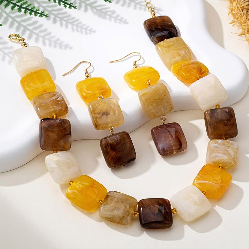 Retro Square Resin Beaded Jewelry Set Bohemia Vintage Adjustable Geometric Acrylic Beaded Choker Necklaces Dangle Earrings for Women Boho Trendy Wedding Party Statement Jewelry Gifts - style: StyleB