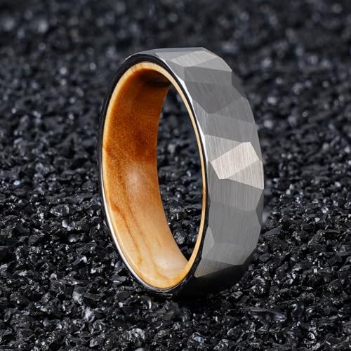 2/4/6/8mm Black/silver/gold Tungsten Rings for Men Womens Couple Fashion Jewelry Promise Engagement Wedding Band Hammered Inner ring inlaid with olive wood Carbide Polished Edge Comfort Fit - color: 6MM olive wood silver