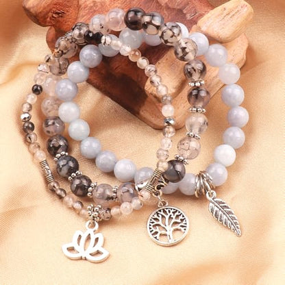 Tree of Life Yoga Healing Stone Bracelets,Multilayer Lotus Chakra Stone Reiki Bracelet Sets,Anxiety Crystal Natural Stone,for Women Stress Relief - style: Black dragon agate + aquamarine