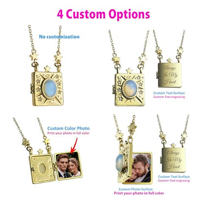 Personalized Color Print Photo Locket Custom Text Engraved Pendant Gold Tone Opal Star Moon Charm Necklace Gift - style: Various Custom Options