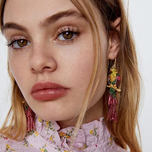 Rhinestone Parrot Bird Dangle Earrings for Women Girls Colorful Crystal Pink Feather Statement Drop Fish Hook Dangling Stud Lightweight Boho Carnival Holiday Prom Party Jewelry Gifts Souvenirs