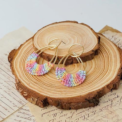 Raffia Hoop Earrings for Women Fun Boho Summer Beach Earrings Lightweight Handmade Straw Wicker Rattan Dangle Earrings Statement Geometric Round Drop Earrings - color: Colorful - Teardrop