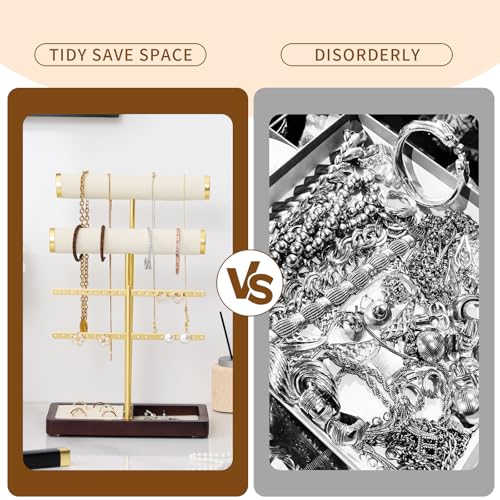 modern T-shaped jewelry rack, jewelry tower, gold metal, square ceramic base decoration display tower, necklace, bracelet, ring storage rack (2-layer beige velvet) - style: 2-layer beige velvet
