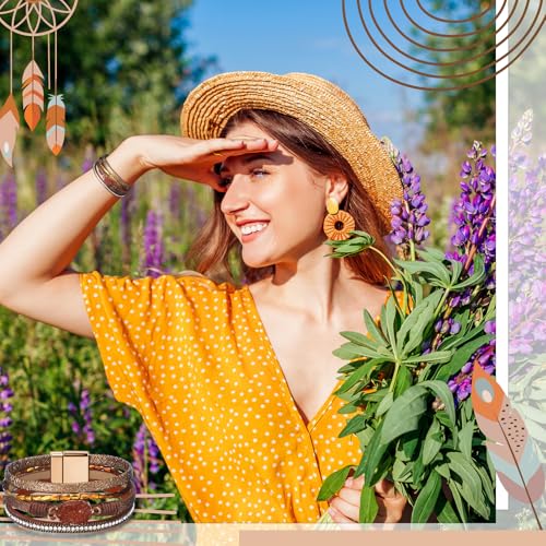 Inbagi 3 Pcs Bohemian Bracelet for Women Girls Faux Leather Cuff Bangle Crystal Bead Bracelet Multi Layer Western Jewelry Wristbands - style: Boho