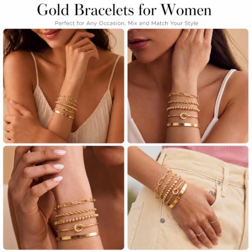 14K Gold Plated Stackable Bangle Bracelets Set for Women | Cuff Bracelet Stackable Bangles Bracelet for Women Trendy Fashion Accessories Tie Knot Cuban Rope Paperclip Beaded Bracelets - color: 5-layer A GD"