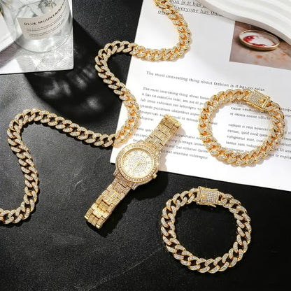 NEWITIN 4 Pieces Cuban Jewelry Set for Men Diamond Watch Necklace Bracelets | Hypoallergenic, Cubic Zirconia, Cuban Link Chain, Iced Out Bling Rhinestone, Silver Gold Black, Hip Hop Jewelry Set for Men