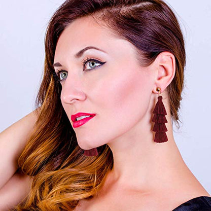 BaubleStar Bohemian Layered Tassel Drop Earrings for Women | Lightweight Statement Party Festival Jewelry - color: Burgundy