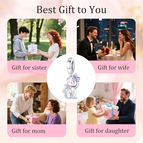 925 Sterling Silver Bead Charm for Pandora Bracelets and Necklaces,Pink Bow Cherry Butterfly Blue Ocean Pendant Bead Charms Jewelry Present Valentines Gifts for Wife/Girlfriend Women - style: Kitten playing with Butterflies