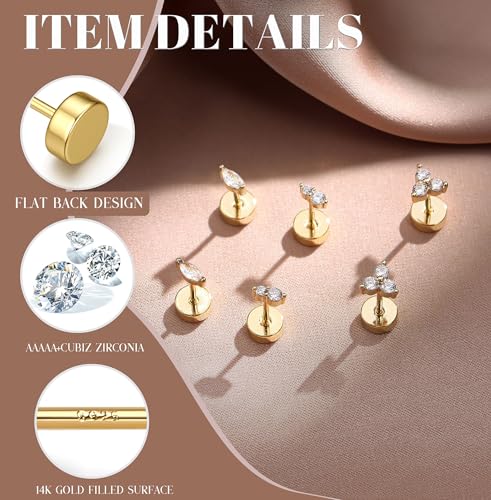 14K Gold Plated 925 Sterling Silver Flat Back Earrings Set | Hypoallergenic Cartilage Helix Conch Tragus Piercing Jewelry 3 Pairs Small Screw Dainty CZ Opal Earring Set Men Women - color: Gold, Style C
