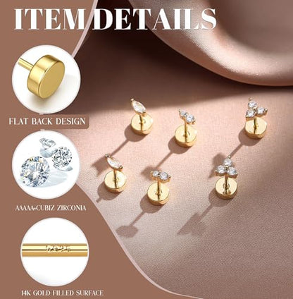 14K Gold Plated 925 Sterling Silver Flat Back Earrings Set | Hypoallergenic Cartilage Helix Conch Tragus Piercing Jewelry 3 Pairs Small Screw Dainty CZ Opal Earring Set Men Women - color: Gold, Style C
