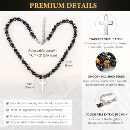 Beaded Cross Necklace Gifts for Men - Triple Protection Black Onyx Obsidian Tiger Eye Natural Stone Necklace Stainless Steel Cross Pendant Stress Relief Balance Faith Jewelry Gifts for Husband Dad Son - color: Joshua 1:9