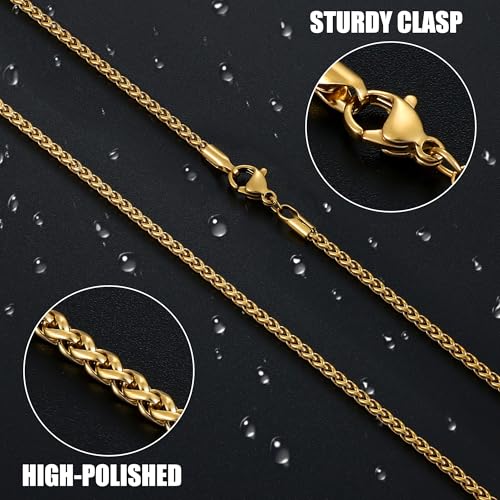 Fiusem Wheat Chains for Men and Women, Silver Tone/Black/14K Gold Plated | 2/2.5/3/4/5mm Stainless Steel Necklace Chain, Mens Necklace Jewelry Gift 16-28 Inch - size: 16 Inches, style: Gold 2.1MM
