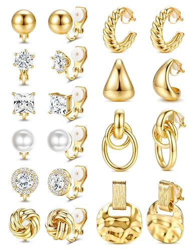 LOLIAS Clip On Earrings for Women 14K Gold Plated Clip Earrings Non Pierced | Hypoallergenic Ears Clips CZ Pearl Knot Twist Chunky Hoop and Studs Earring Set Lightweight Fake Earings Jewelry - style: 10Pairs-14K Gold Plated