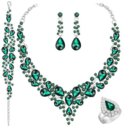 Paxuan Crystal Bridal Wedding Jewelry Sets for Women Rhinestone Teardrop Crystal Statement Choker Necklace Drop Earrings Link Bracelets Rings Teardrop Jewelry Set for Brides Bridesmaids - color: Silver Plated Emerald Green Crystal
