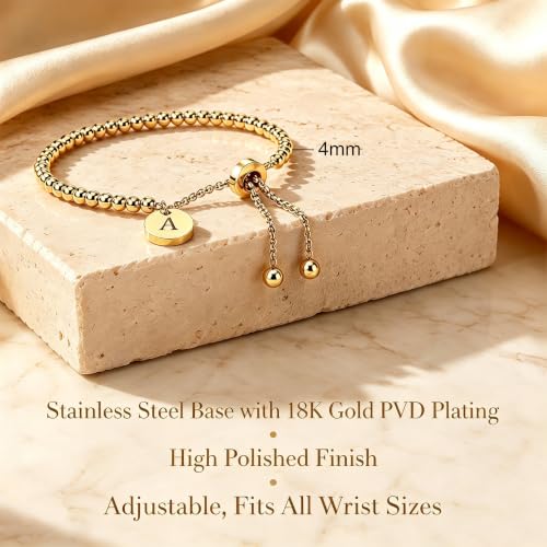 Waterproof Non Tarnish PVD 18K Gold Plated Stainless Steel Beaded Bracelets for Women, Hypoallergenic Dainty Initial Letter Charm Beaded Stackable Adjustable Bracelets, Love Knot Oval Bangles Single & Gift Sets Birthday Jewelry for Her - color: gold-A
