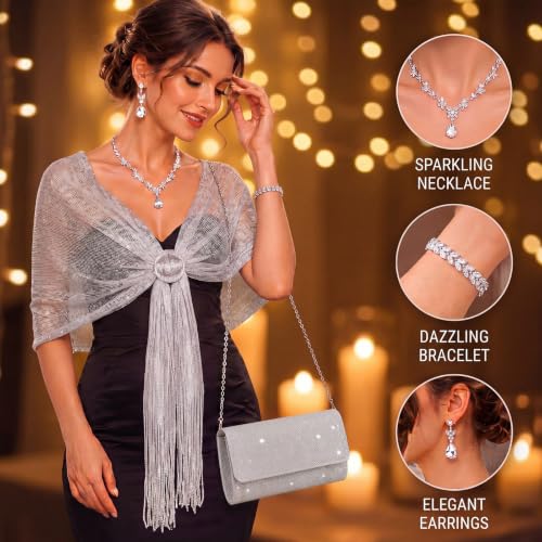 Tiamon 5 Pcs Rhinestone Jewelry Sets Shawls and Wraps Formal Clutch Purses for Women Evening Dresses Weddings Engagement - style: Elegant