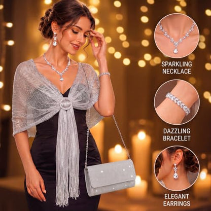 Tiamon 5 Pcs Rhinestone Jewelry Sets Shawls and Wraps Formal Clutch Purses for Women Evening Dresses Weddings Engagement - style: Elegant
