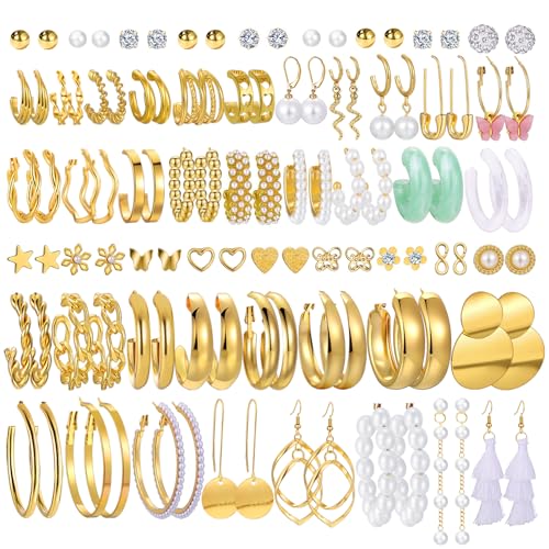 42 Pairs Gold Hoop Earrings Set for Women, Hypoallergenic Multipack Small to Chunky Hoops, Pearl & Twisted Trendy Earrings for Everyday Wear & Mothers Day Gifts - color: Gold-54 pairs